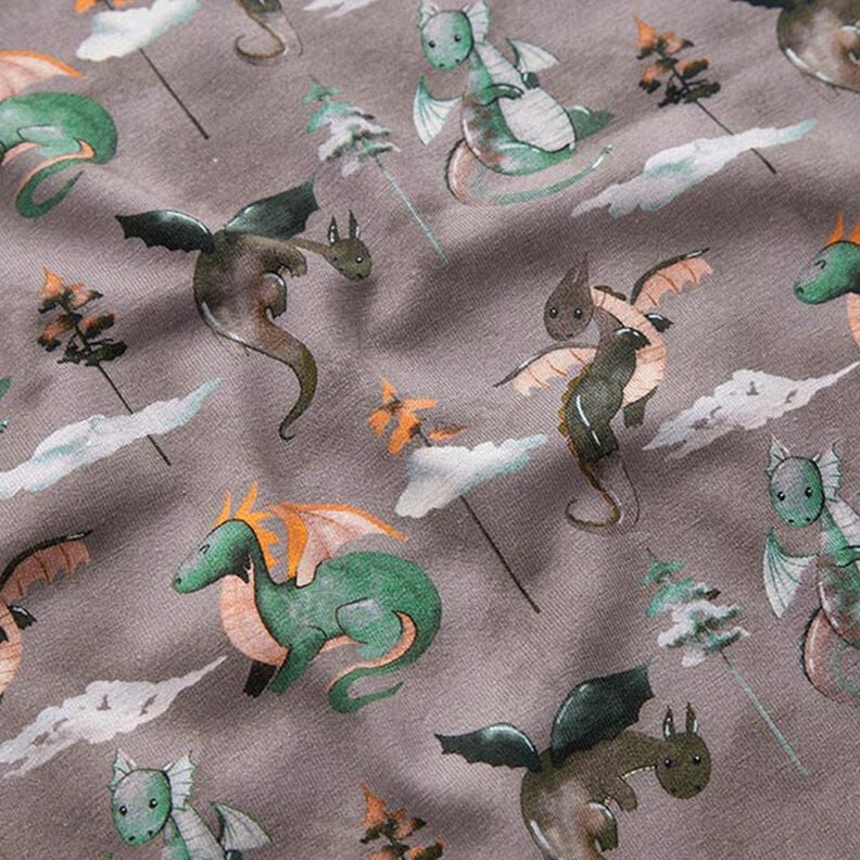 Cotton Jersey Watercolour dragons Digital Print – dark taupe,  image number 2
