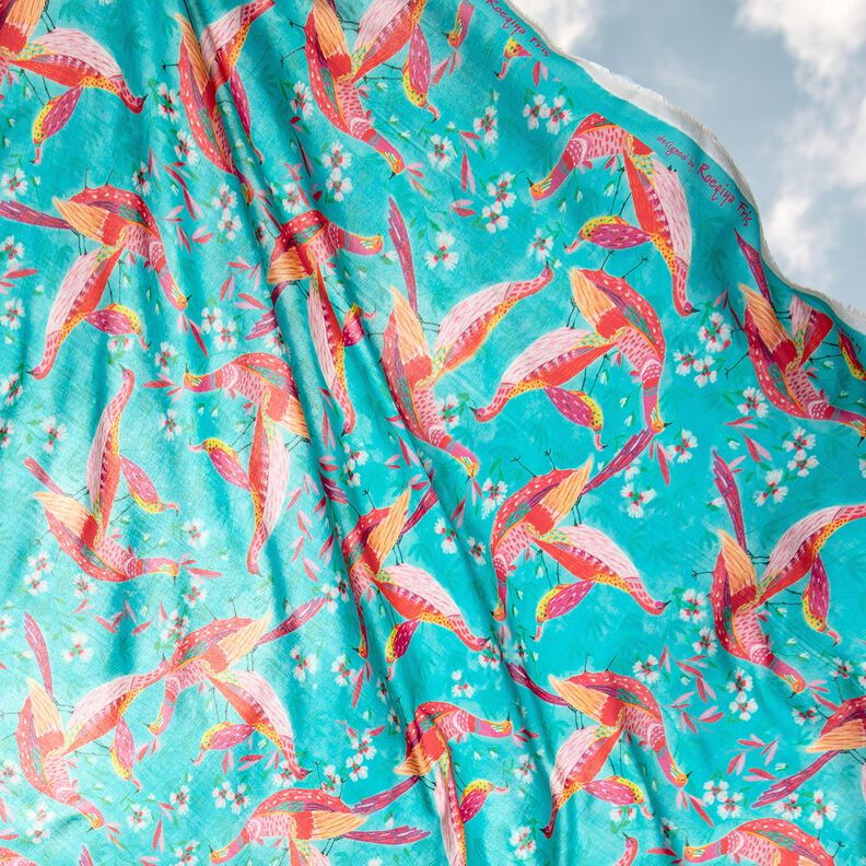 Beachwear viscose fabric peacocks and flowers – aqua blue/intense pink, image number 6