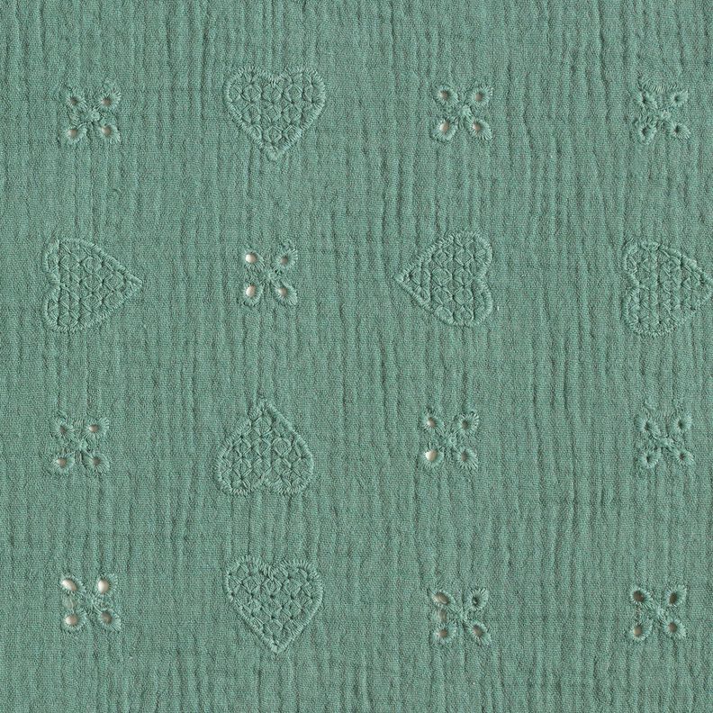 Double Gauze/Muslin Broderie Anglaise hearts – blue spruce,  image number 1