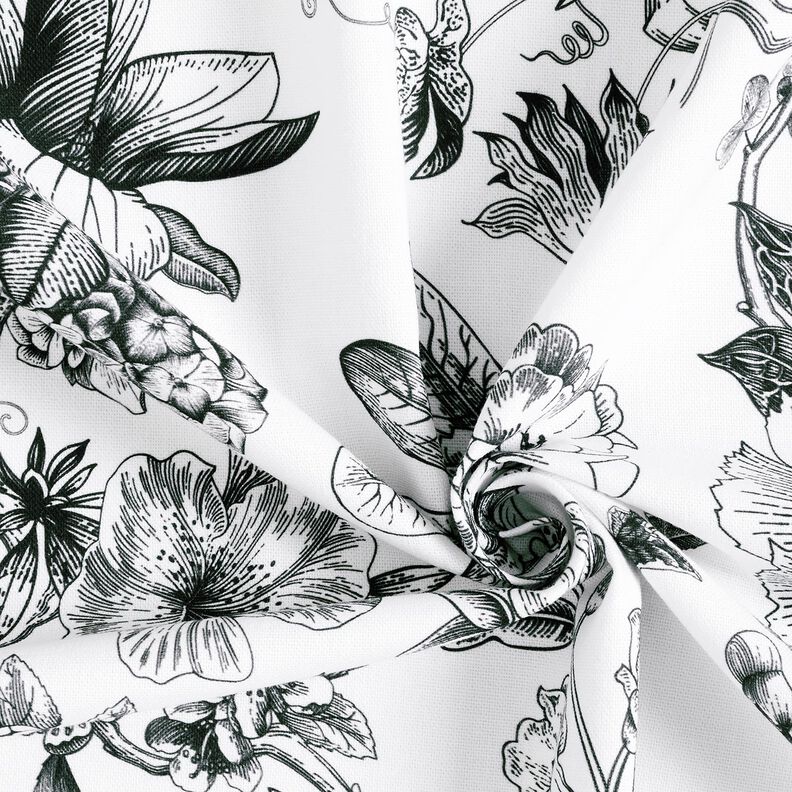 Decor Fabric Half Panama picturesque flowers – white/black,  image number 3