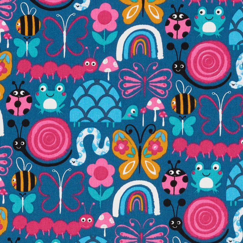 Cotton Cretonne butterflies and bees – ocean blue/intense pink,  image number 1