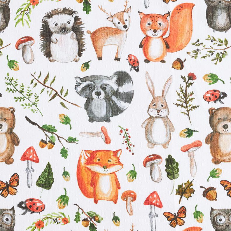 Decor Fabric Half Panama Painted Woodland Animals – white,  image number 1