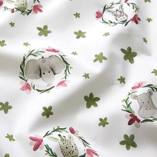 Cotton Poplin Animals in a Floral Circle Digital Print – white, 