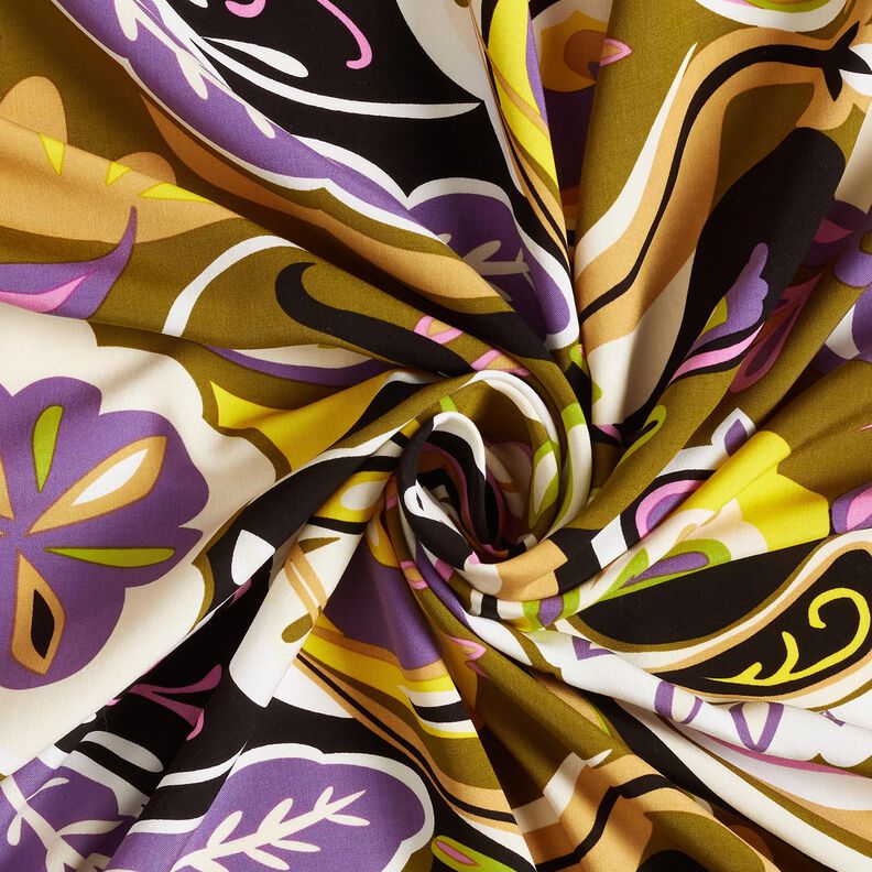 viscose fabric Retro flowers – olive/lilac, image number 3