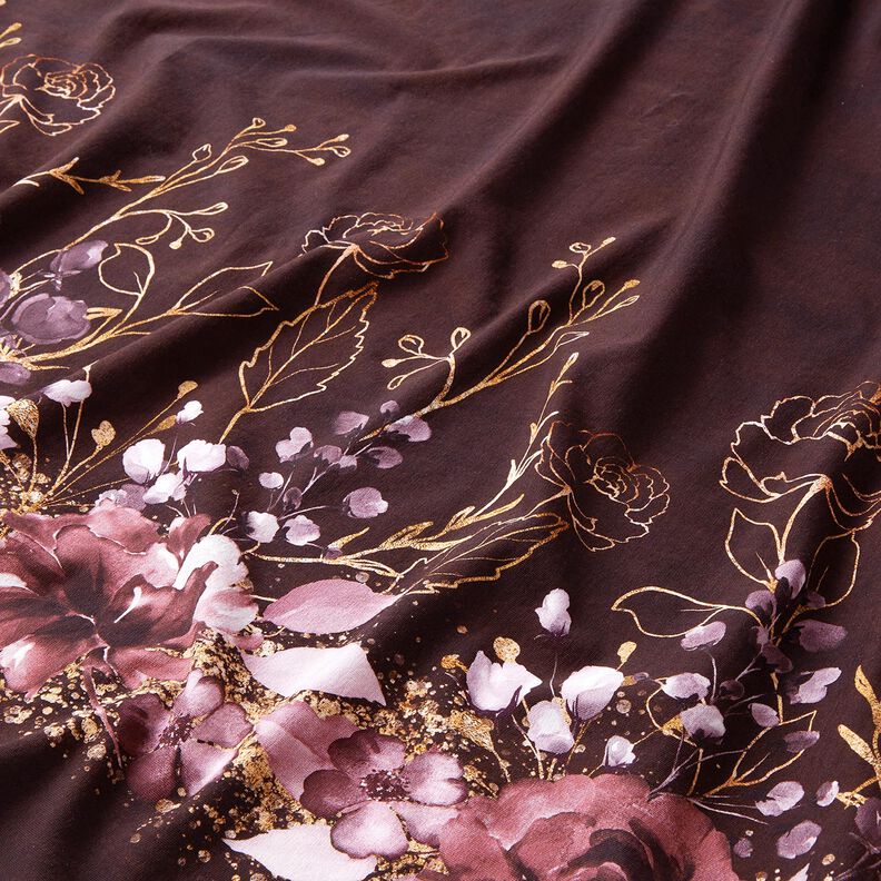 Cotton Jersey Border Fabric Flowers in gold glitter | Glitzerpüppi – burgundy/pastel mauve, image number 2