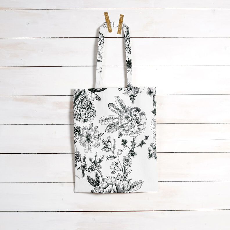 Decor Fabric Half Panama picturesque flowers – white/black,  image number 8