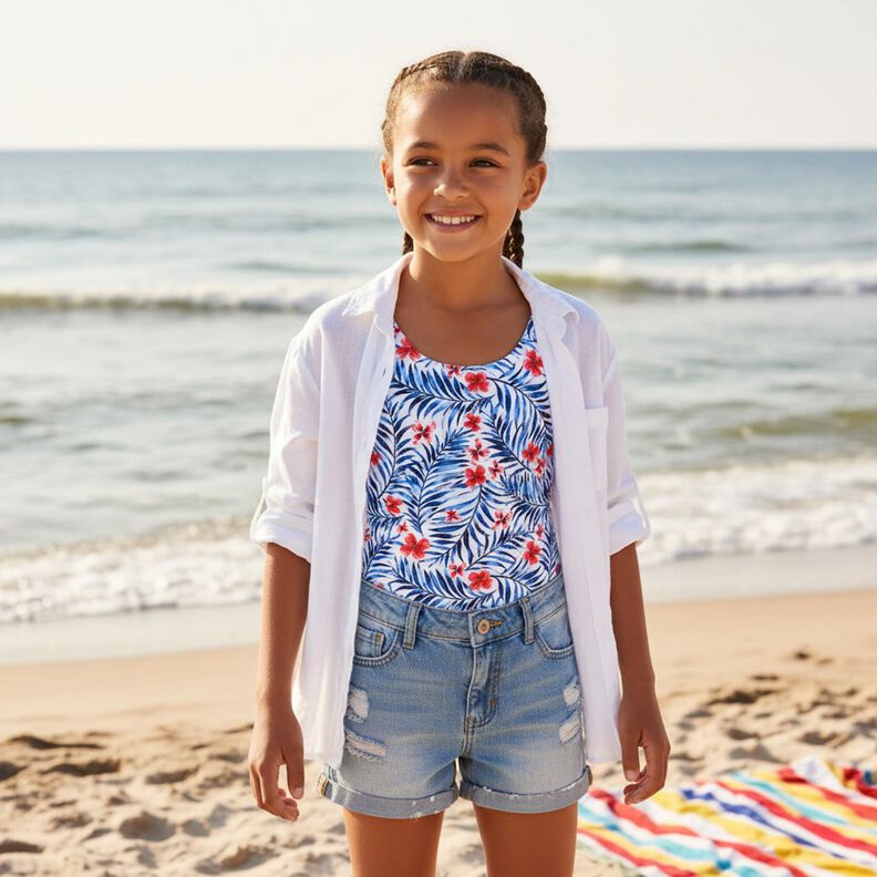 Swimsuit Fabric Flowers and palm fronds &ndash; white/indigo,  image number 6