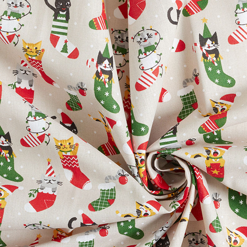 Cotton Cretonne Christmas Cats – natural, image number 3