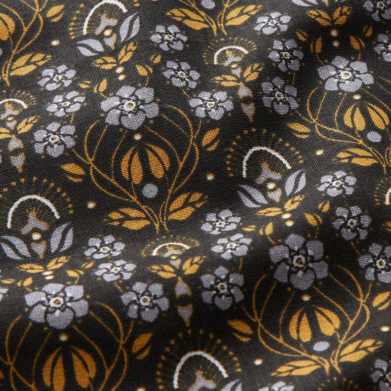 Cotton Cretonne climbing flowers – black/curry yellow,  image number 2