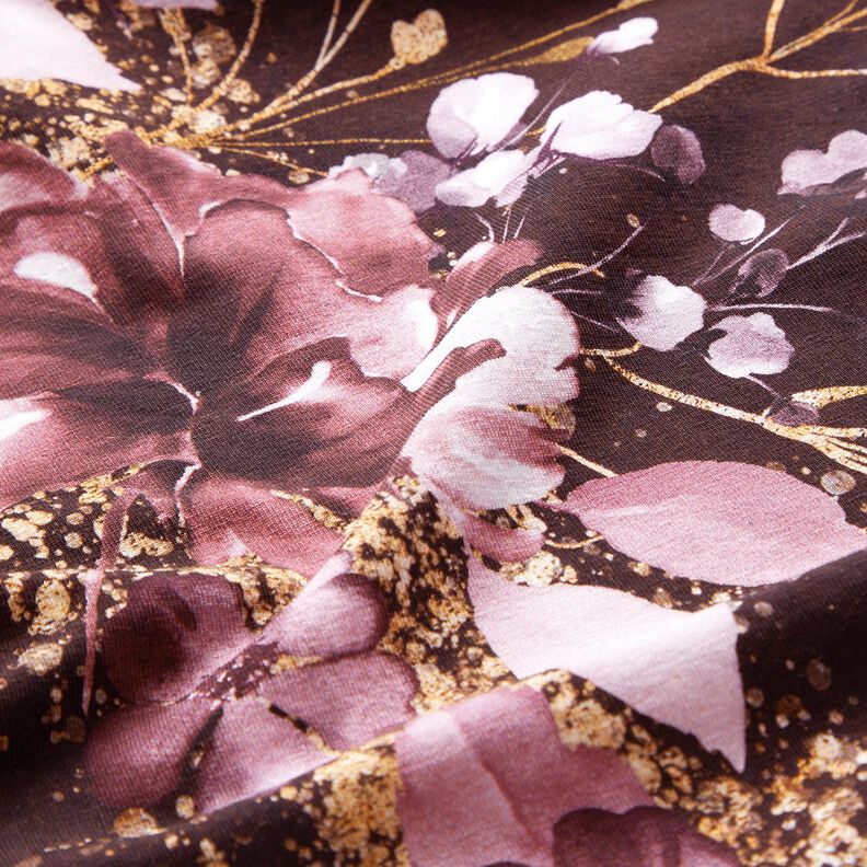 Cotton Jersey Border Fabric Flowers in gold glitter | Glitzerpüppi – burgundy/pastel mauve, image number 7