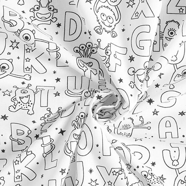 Cotton Poplin Colouring in fabric, alphabet monsters – white/black,  image number 3