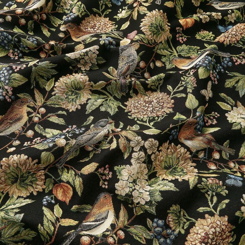 Decor Fabric Tapestry Fabric Flowers and birds – black/green,  image number 2