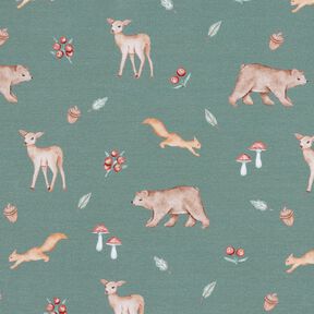 GOTS French Terry Bear, deer, squirrel Digital Print – dark green, 
