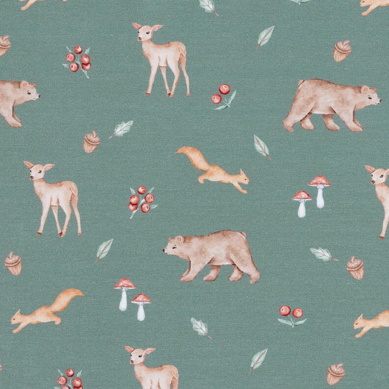 GOTS French Terry Bear, deer, squirrel Digital Print – dark green, image number 1