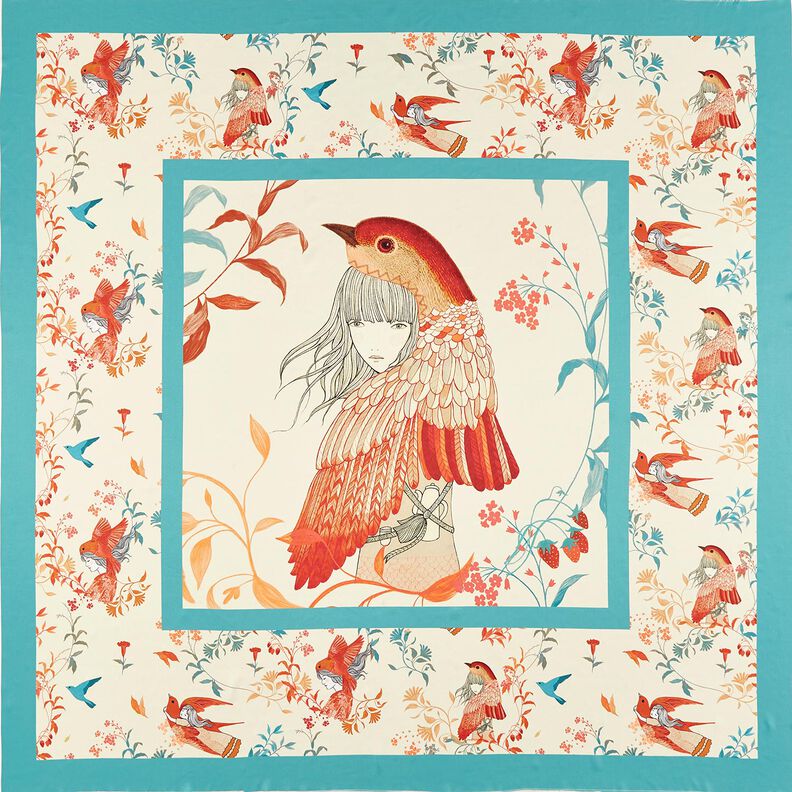 Satin panel birds and fairies | Katia Fabrics – aqua blue/cream, image number 1