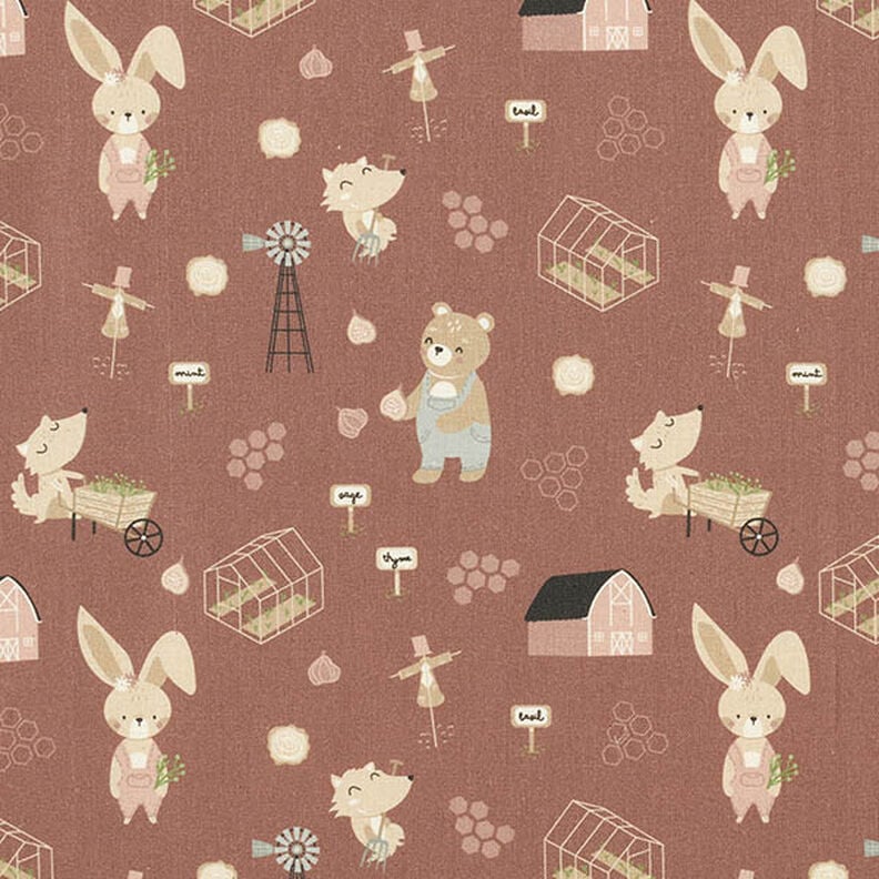 Organic Cotton Poplin rabbit, bear and fox gardening – chestnut,  image number 1