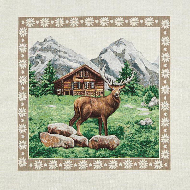 Decorative Panel Tapestry Fabric Deer and Mountain Hut – brown/green,  image number 1