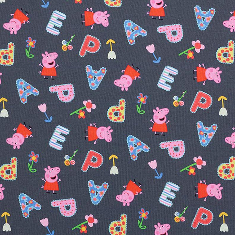 Cotton Jersey Licensed Fabric Peppa Pig Letters and Flowers | ABC Ltd. – grey,  image number 1