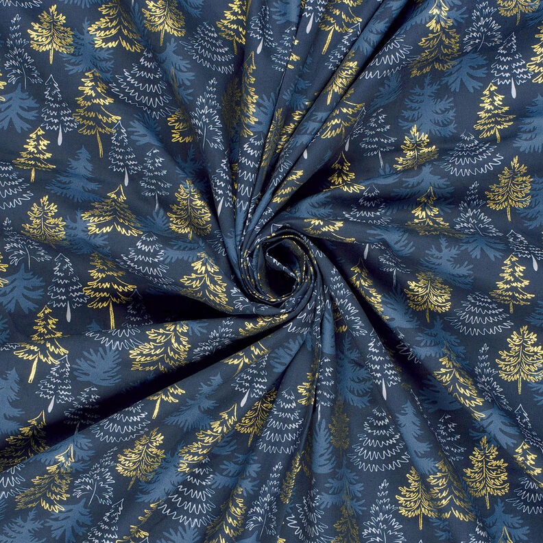 Cotton Poplin delicate fir trees – midnight blue/gold,  image number 3