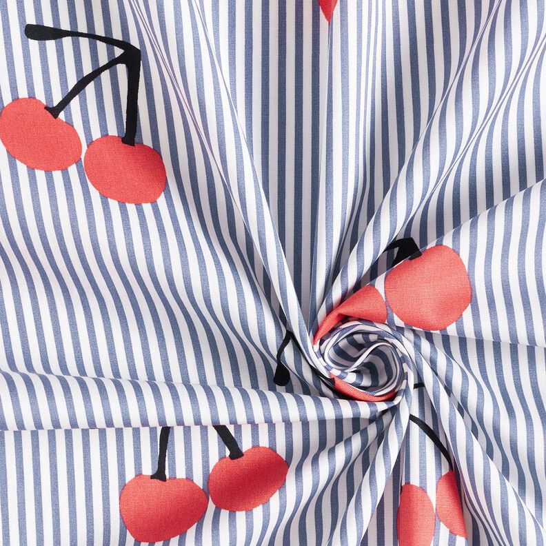 Stretch Poplin Stripes and cherries – white/indigo,  image number 3