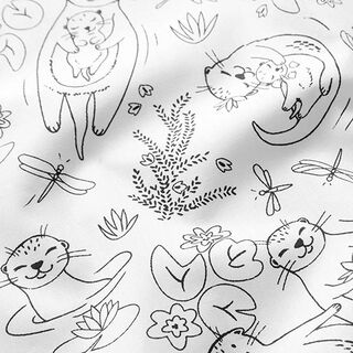 Cotton Poplin Colouring in fabric, cute otters in the pond – white/black, 