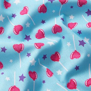 Cotton Poplin Lollipops and stars Digital Print – sky blue/purple, 