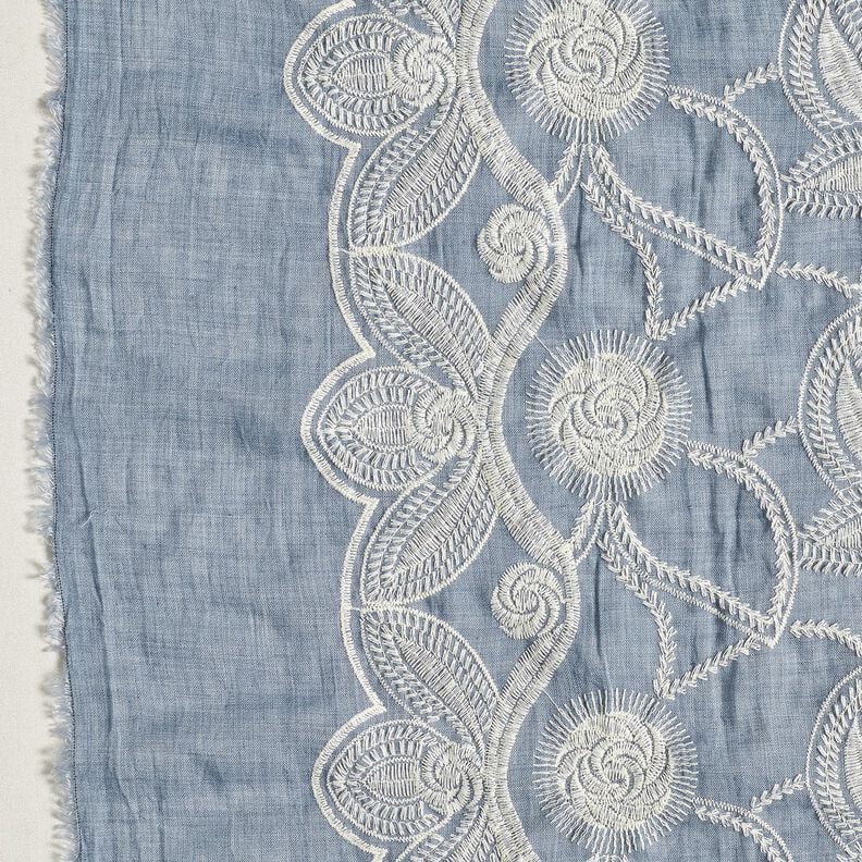 <h2>Cotton Fabric Floral Embroidery &ndash; Light Denim Blue Batiste with Off-White Stitching</h2>,  image number 5