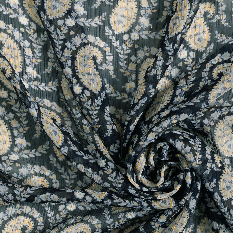 Crepe Chiffon paisley and lurex stripes – black/silver blue,  image number 3