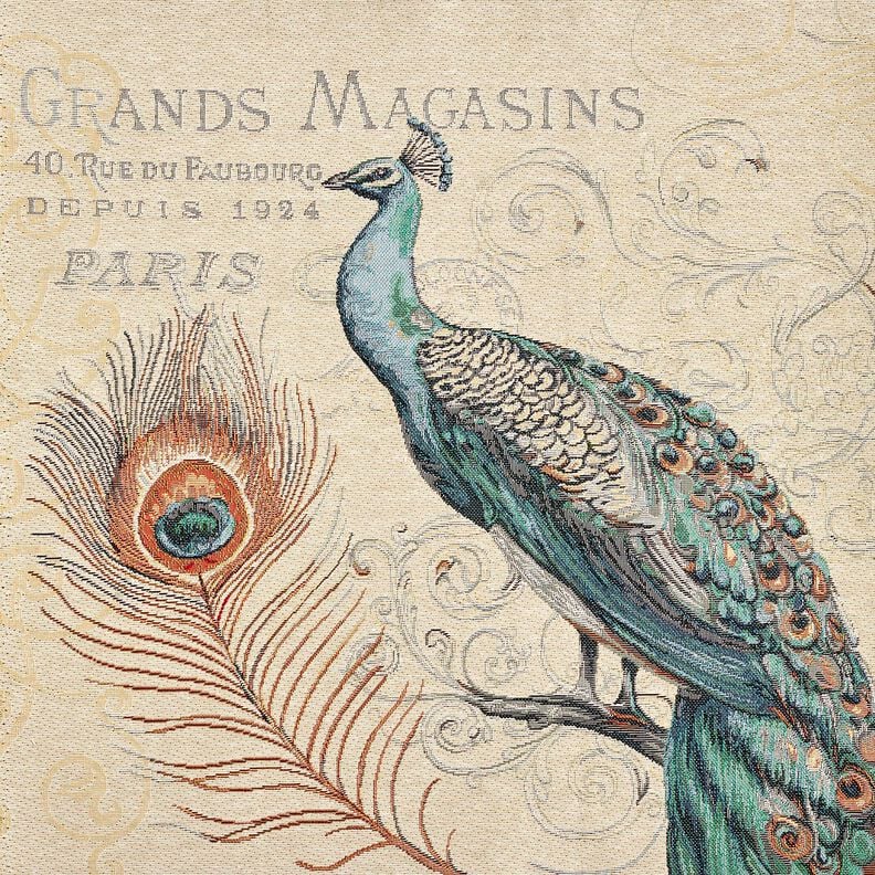 Decorative Panel Tapestry Fabric Peacock &ndash; light beige/blue,  image number 1