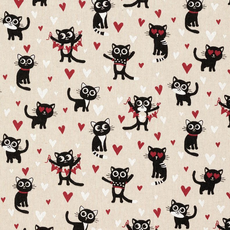 Decor Fabric Half Panama cats in love – natural/red,  image number 1