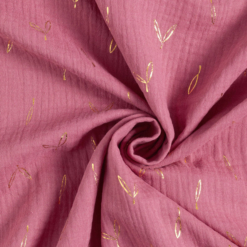 Double Gauze/Muslin Foil Print leaves – raspberry/gold,  image number 4