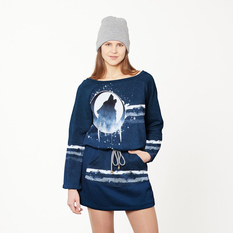 French terry Panel mystical wolf | Glitzerpüppi – navy blue/white, image number 5