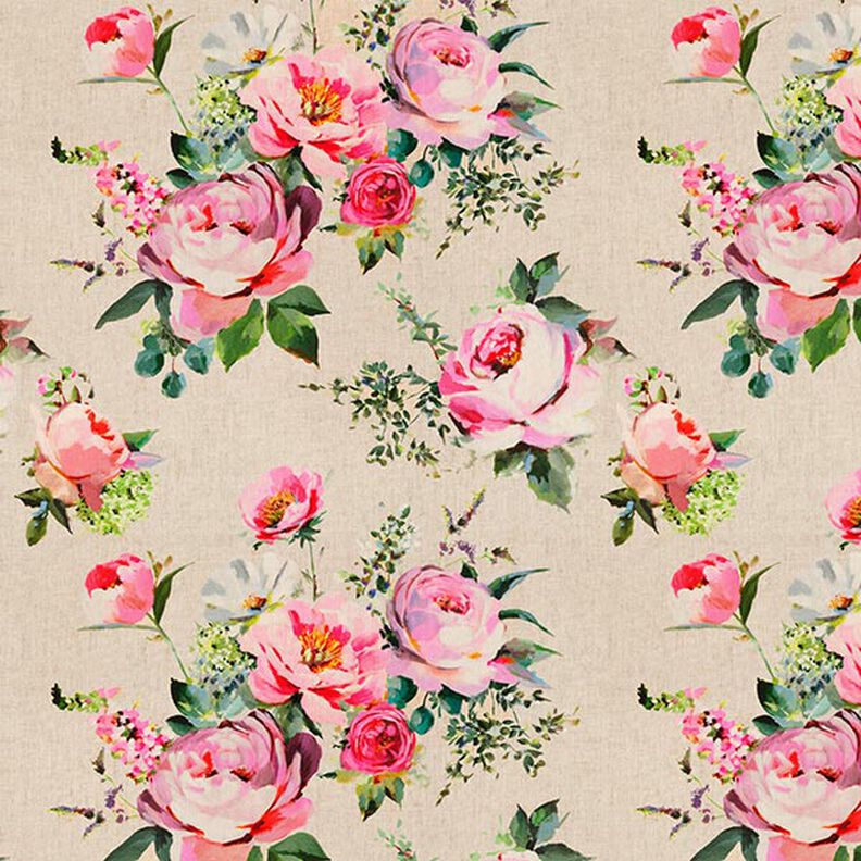Watercolour Roses Digital Print Half Panama Decor Fabric – natural,  image number 1