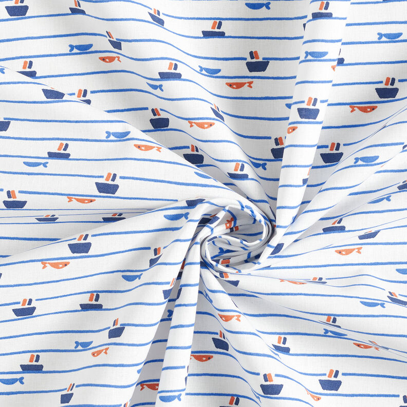 Cotton Poplin Stripes, ships and fish – white/royal blue,  image number 3