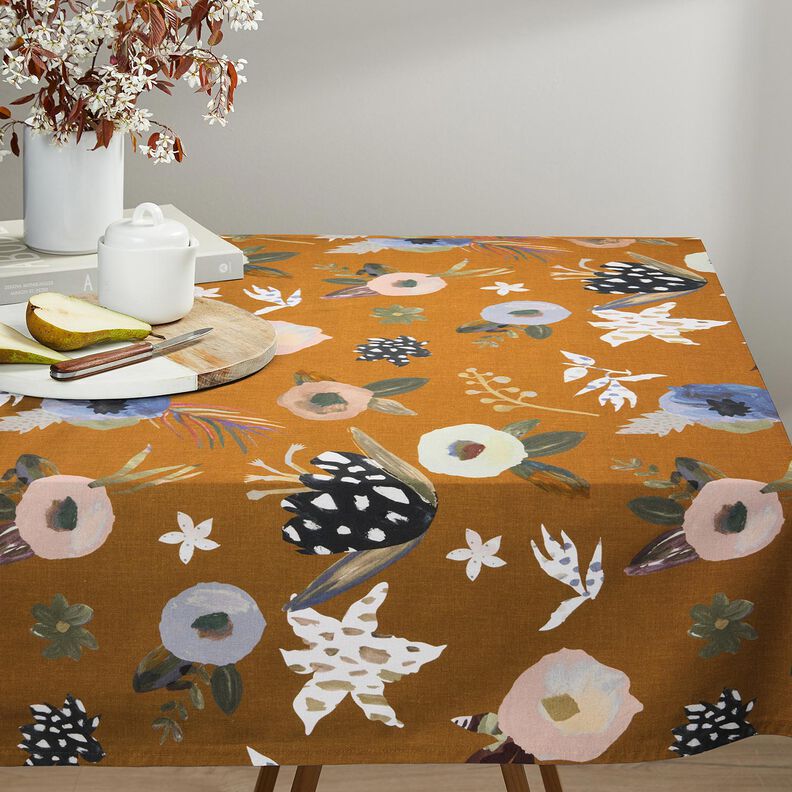 Decor Fabric Half Panama large retro flowers – caramel/light khaki, image number 7