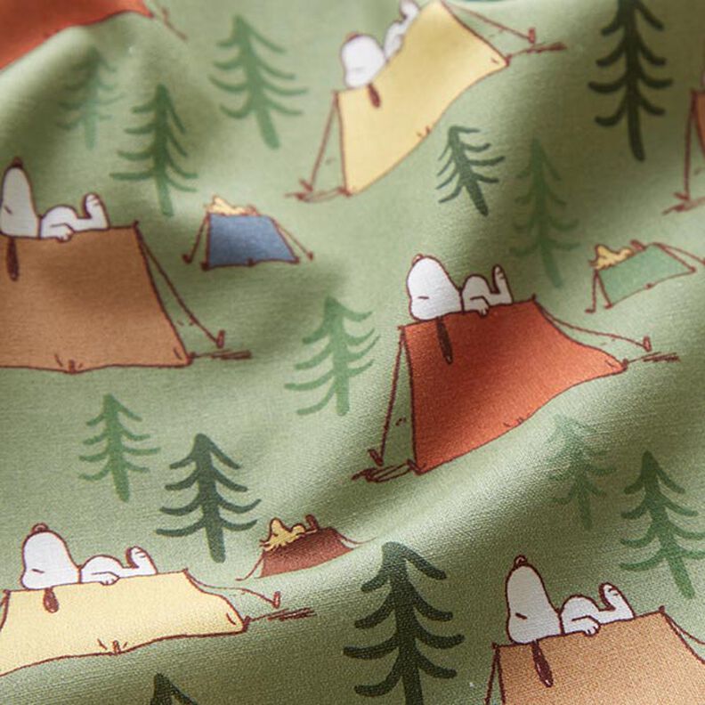 Cotton poplin licensed fabric Snoopy & Woodstock camping | Peanuts ™ – pistachio,  image number 2