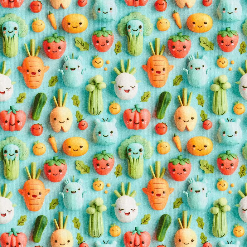 Cotton Poplin happy clay vegetables Digital Print – aqua blue,  image number 1