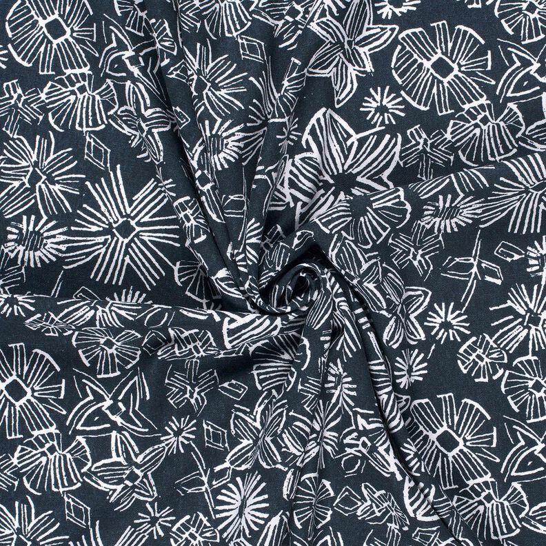 Viscose Linen Blend sketched flowers – midnight blue/white,  image number 3