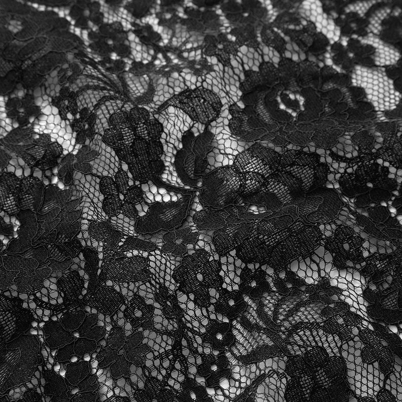 Floral motif fine lace fabric – black,  image number 2
