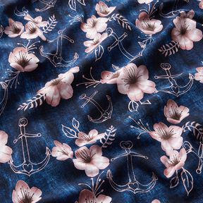 Cotton Jersey Blossoms & anchor | Glitzerpüppi – midnight blue/light dusky pink, 