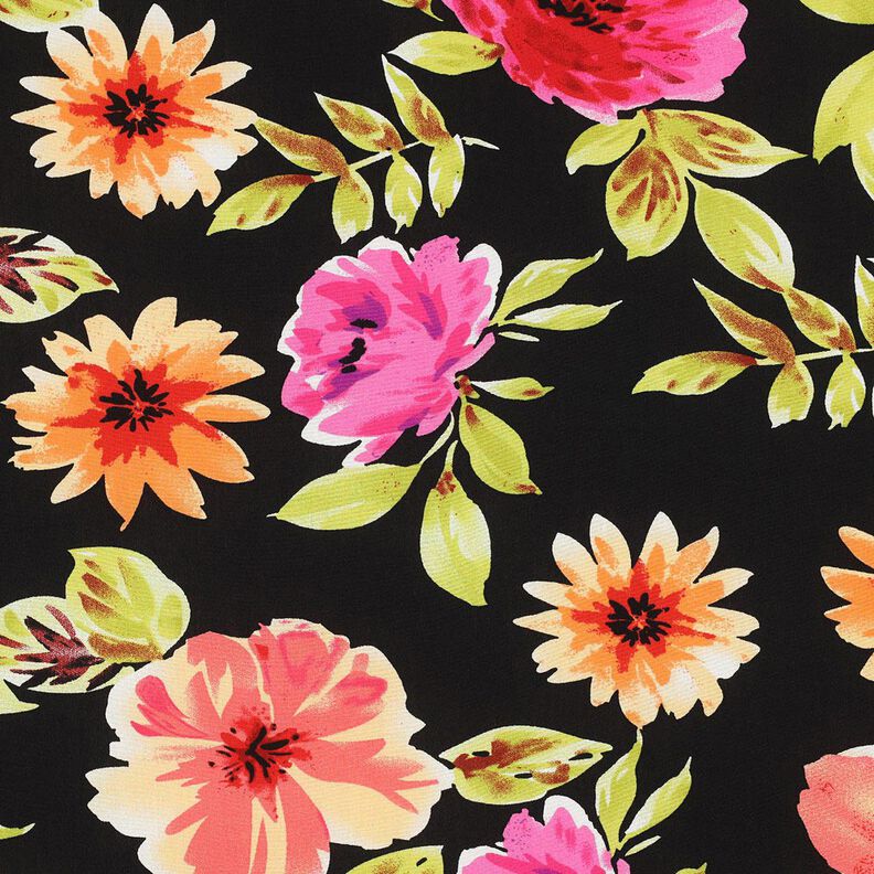 viscose fabric large flowers digital print – black/purple,  image number 1