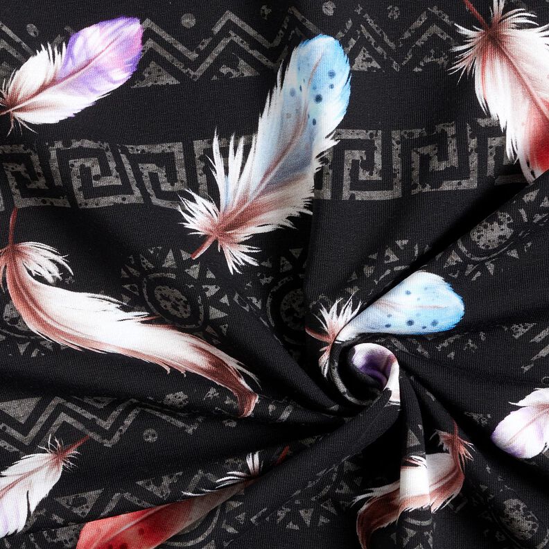 French terry Boho feathers | Glitzerpüppi  – black/lobster,  image number 3