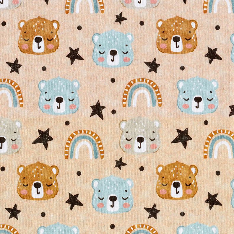 Cotton Poplin Bear heads and rainbows Digital Print – beige,  image number 1