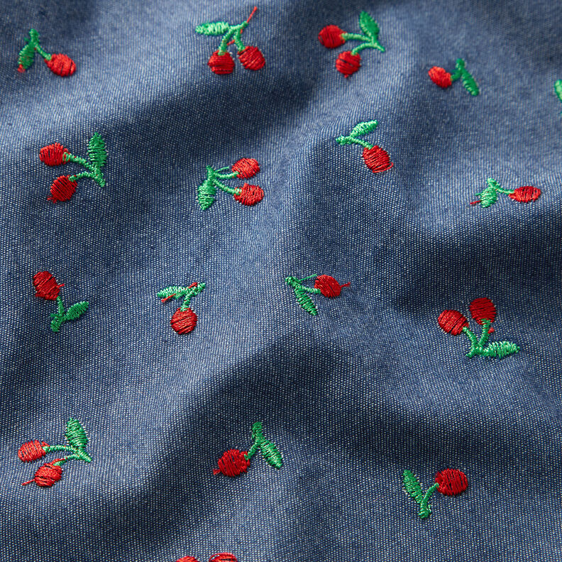 Chambray embroidered cherries – denim blue,  image number 2