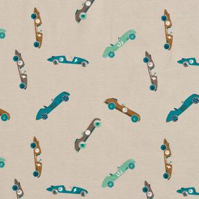Cotton Jersey retro racing cars – light taupe, 