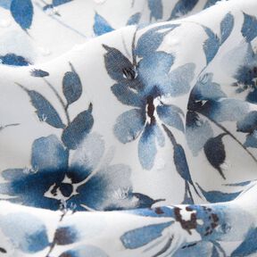 Watercolour flowers digital print dobby viscose fabric – ivory/light wash denim blue, 