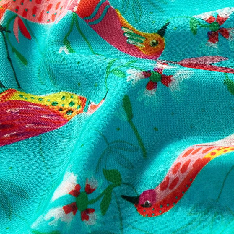 Beachwear viscose fabric peacocks and flowers – aqua blue/intense pink, image number 2
