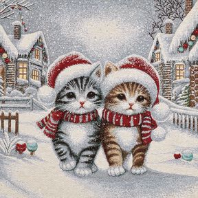 Decorative Panel Tapestry Fabric Christmas cats – light blue/carmine, 