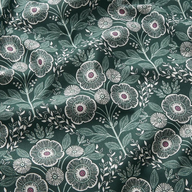Cotton Cretonne flower tendrils – blue spruce/ivory,  image number 2