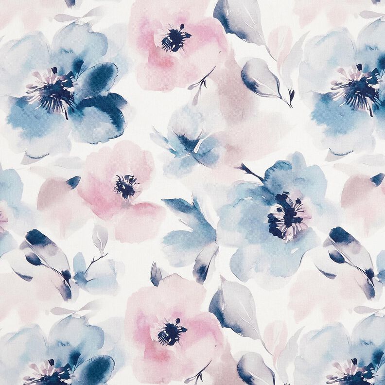 Decor Fabric Half Panama large watercolour flowers – white/pastel violet, image number 1